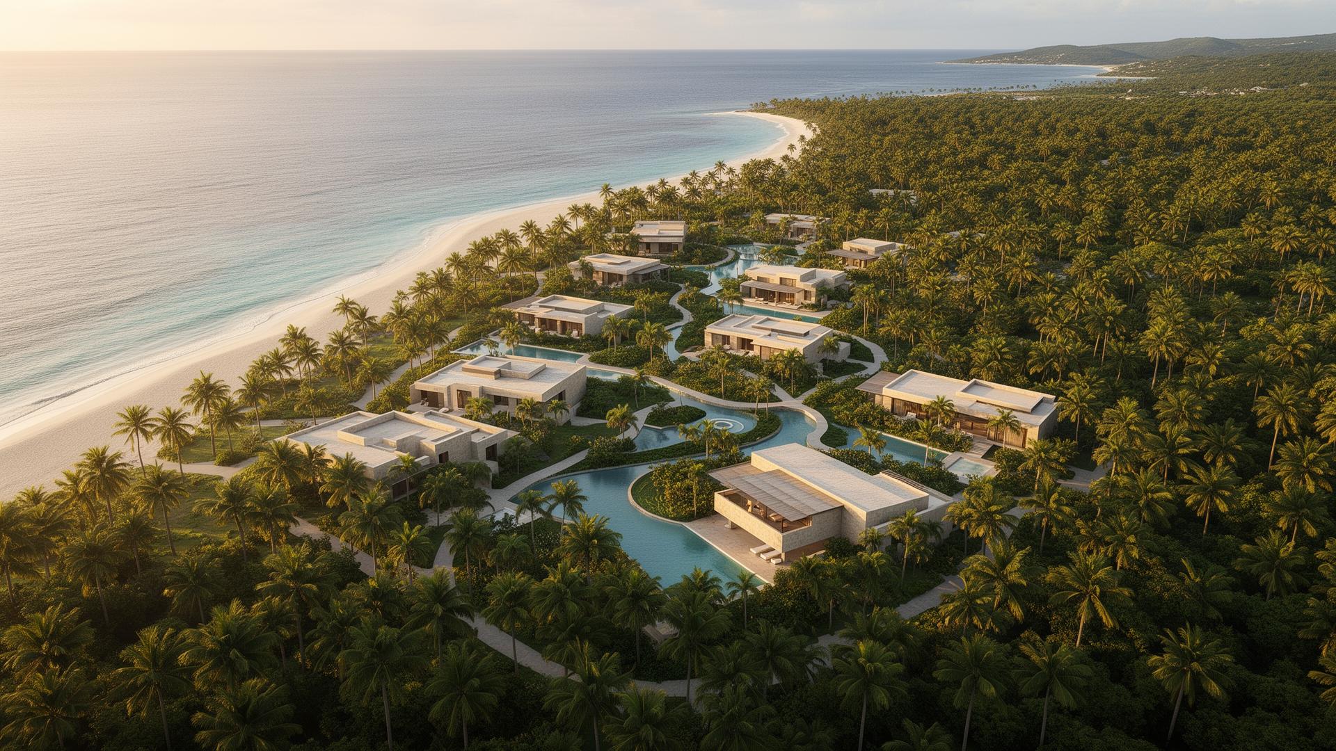 Aerial concept rendering — phased masterplan along Playa Magante