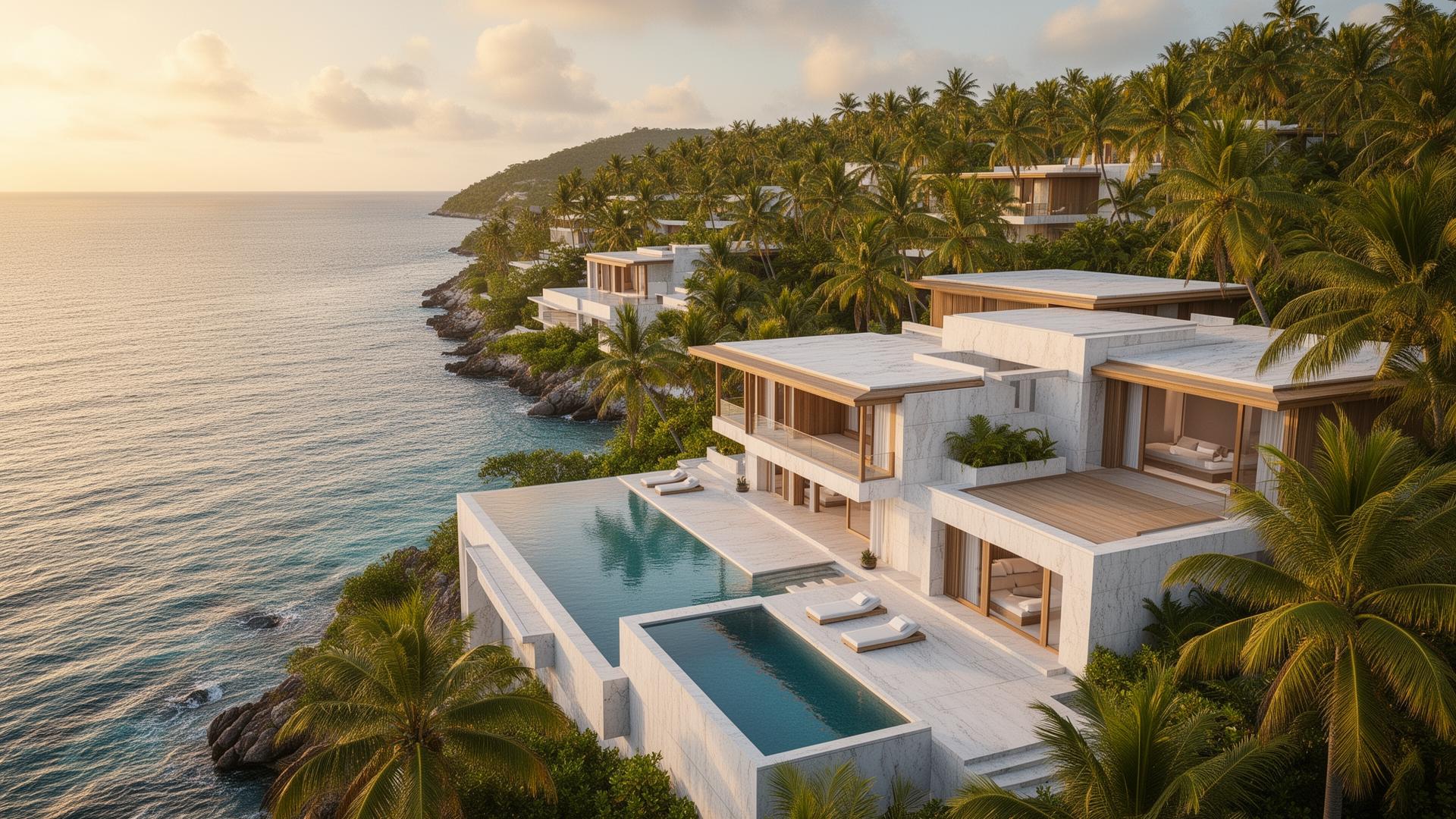 Concept rendering — longevity sanctuary along the Playa Magante coastline
